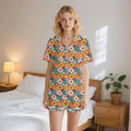 Happy Retro Flowers Womens Short Sleeve 2-Piece Pyjama Set 2XL Women's Short Sleeve Pyjamas Printed Offshore Retro