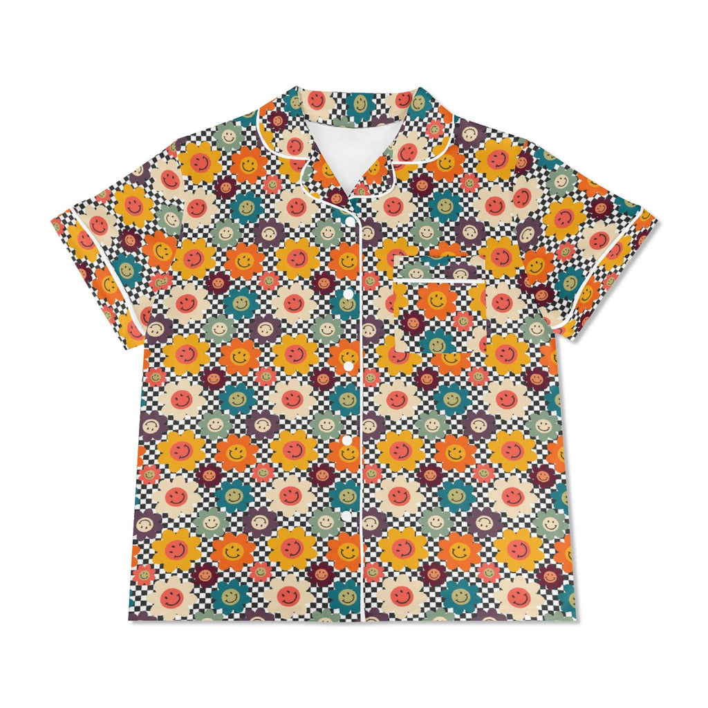 Happy Retro Flowers Womens Short Sleeve 2-Piece Pyjama Set Women's Short Sleeve Pyjamas Printed Offshore Retro