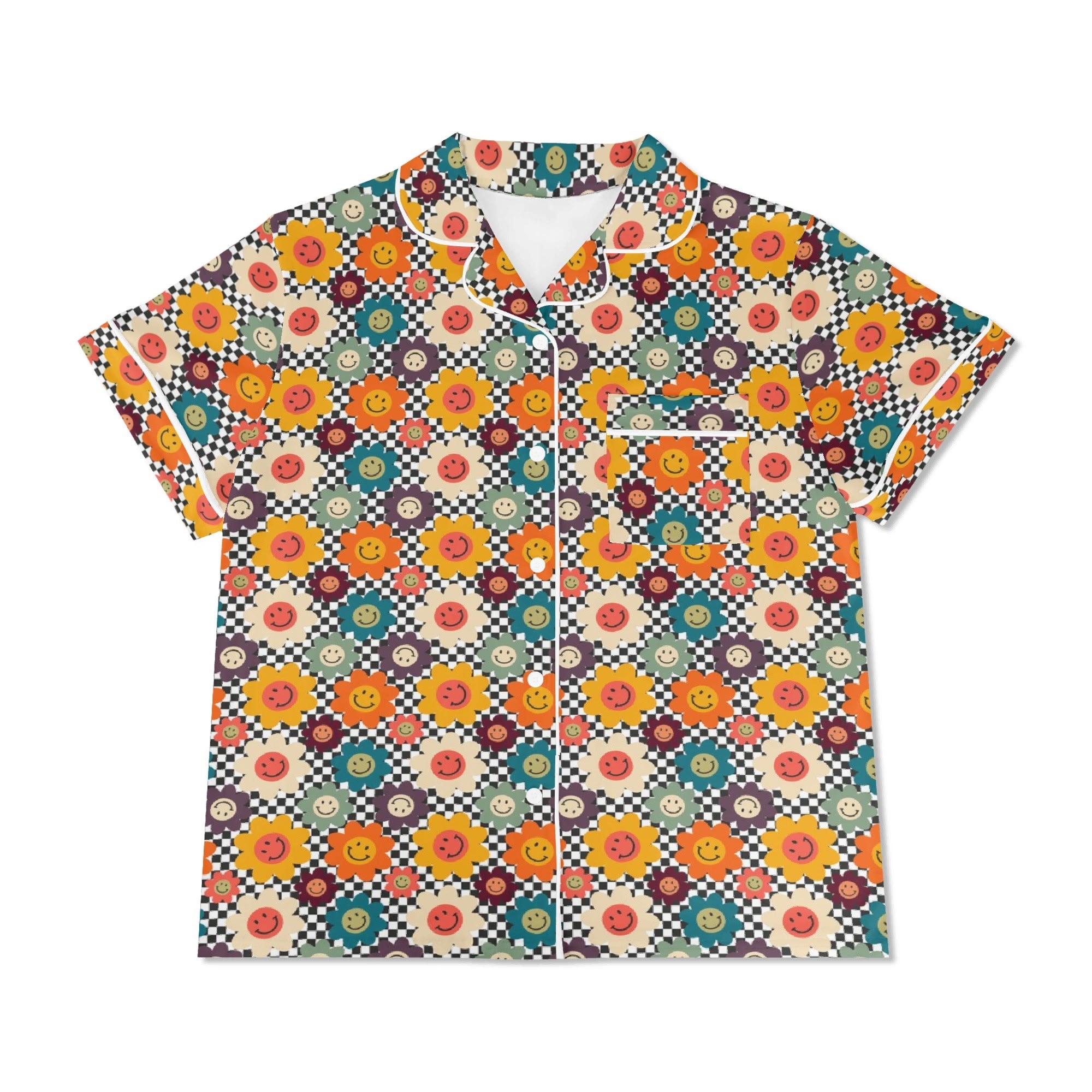 Happy Retro Flowers Womens Short Sleeve 2-Piece Pyjama Set Women's Short Sleeve Pyjamas Printed Offshore Retro