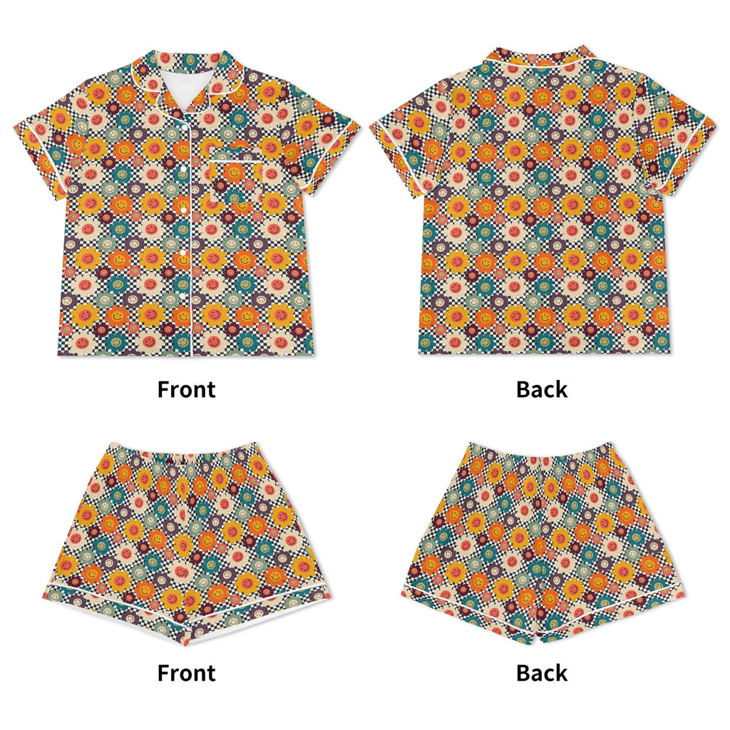 Happy Retro Flowers Womens Short Sleeve 2-Piece Pyjama Set Women's Short Sleeve Pyjamas Printed Offshore Retro