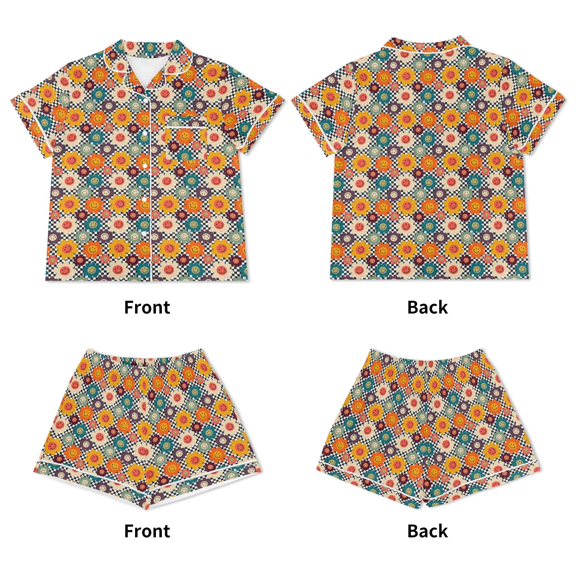 Happy Retro Flowers Womens Short Sleeve 2-Piece Pyjama Set Women's Short Sleeve Pyjamas Printed Offshore Retro