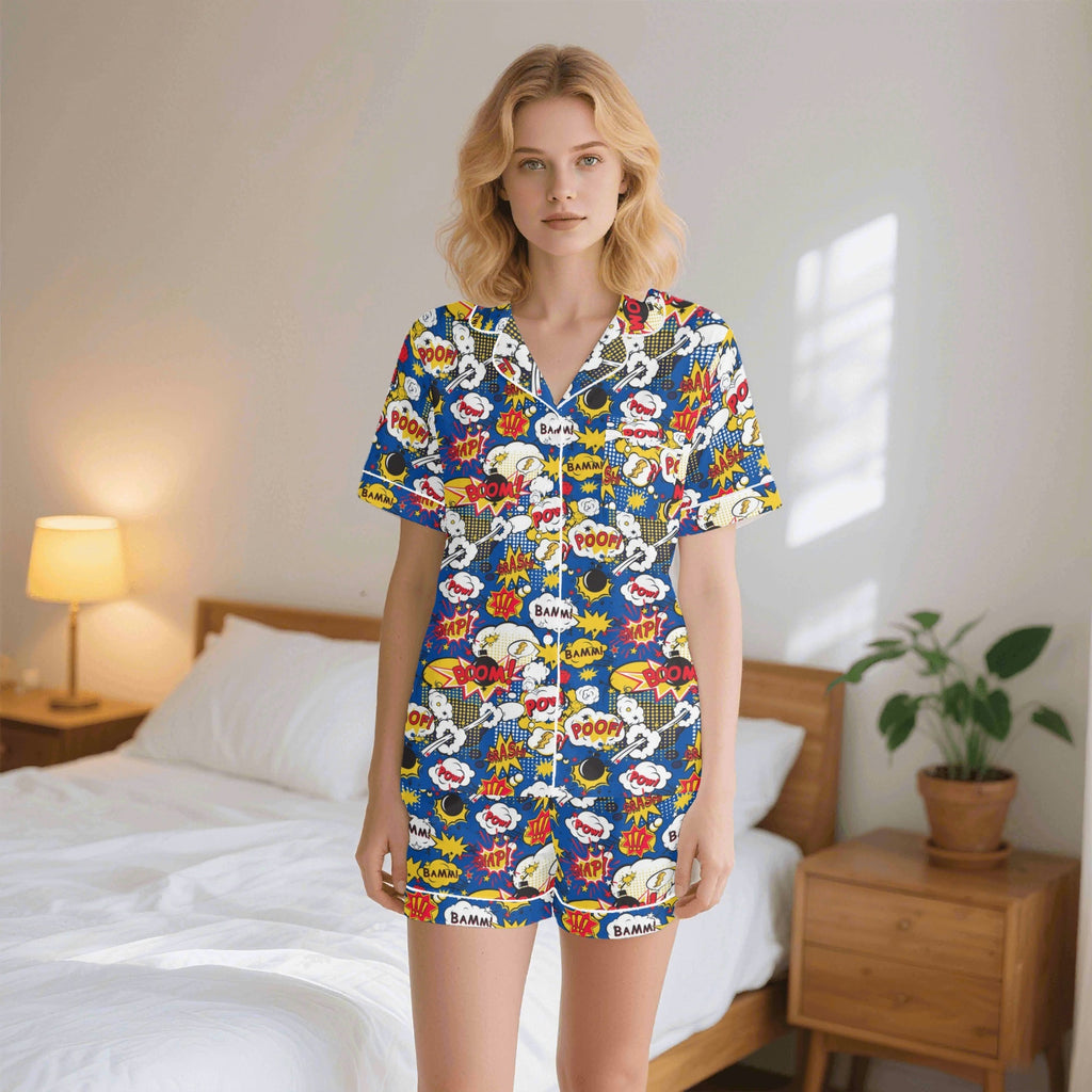 Comic Book Blue Womens Short Sleeve 2-Piece Pyjama Set 2XL Women's Short Sleeve Pyjamas Comic Printed Offshore