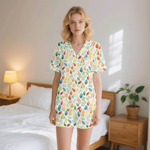 Autumn Leaves Womens Short Sleeve 2-Piece Pyjama Set 2XL Women's Short Sleeve Pyjamas Plants Printed Offshore