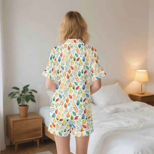 Autumn Leaves Womens Short Sleeve 2-Piece Pyjama Set Women's Short Sleeve Pyjamas Plants Printed Offshore