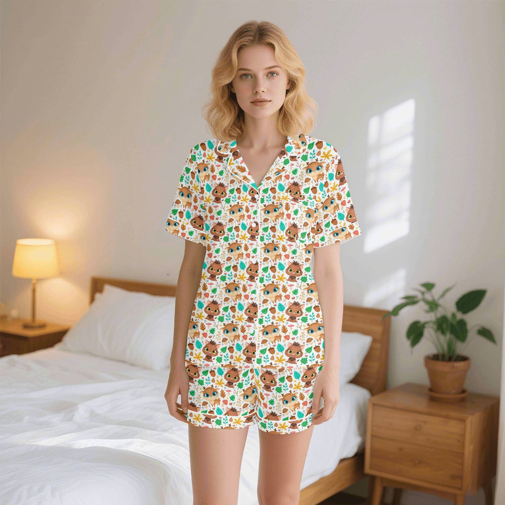 Cute Autumn Creatures Womens Short Sleeve 2-Piece Pyjama Set 2XL Women's Short Sleeve Pyjamas animal Printed Offshore
