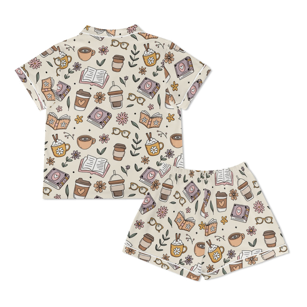 Books And Coffee Womens Short Sleeve 2-Piece Pyjama Set Women's Short Sleeve Pyjamas Coffee Printed Offshore Reading