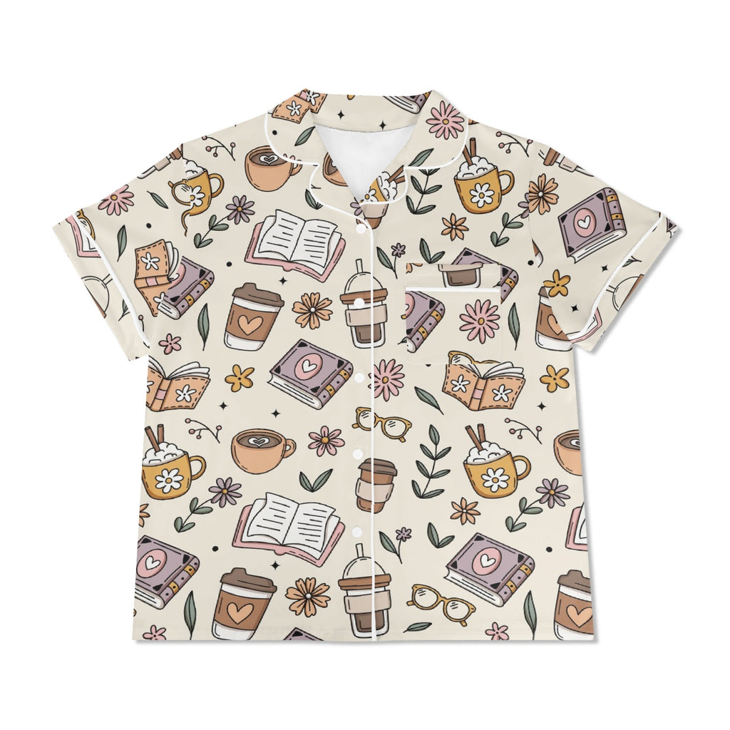 Books And Coffee Womens Short Sleeve 2-Piece Pyjama Set Women's Short Sleeve Pyjamas Coffee Printed Offshore Reading