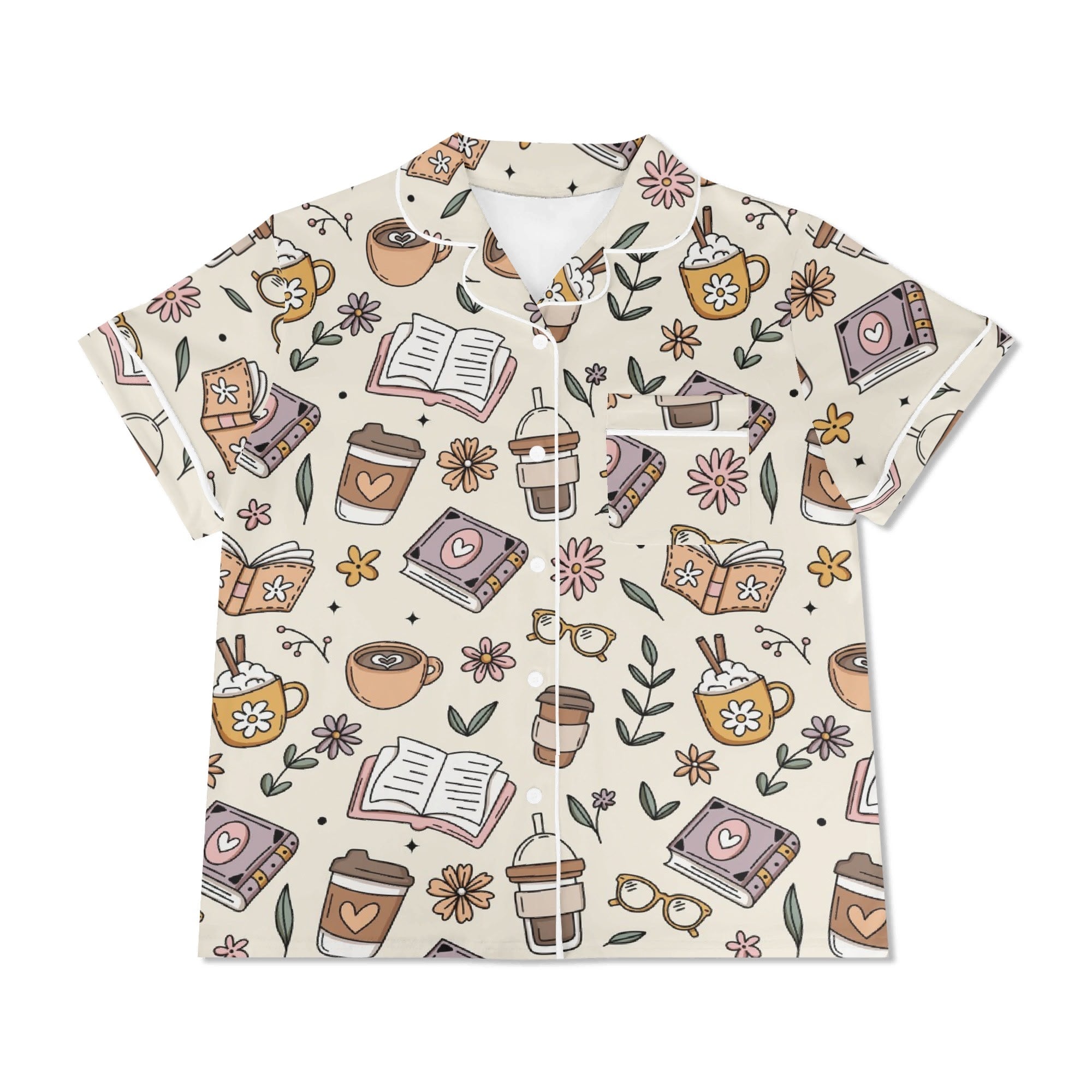 Books And Coffee Womens Short Sleeve 2-Piece Pyjama Set Women's Short Sleeve Pyjamas Coffee Printed Offshore Reading