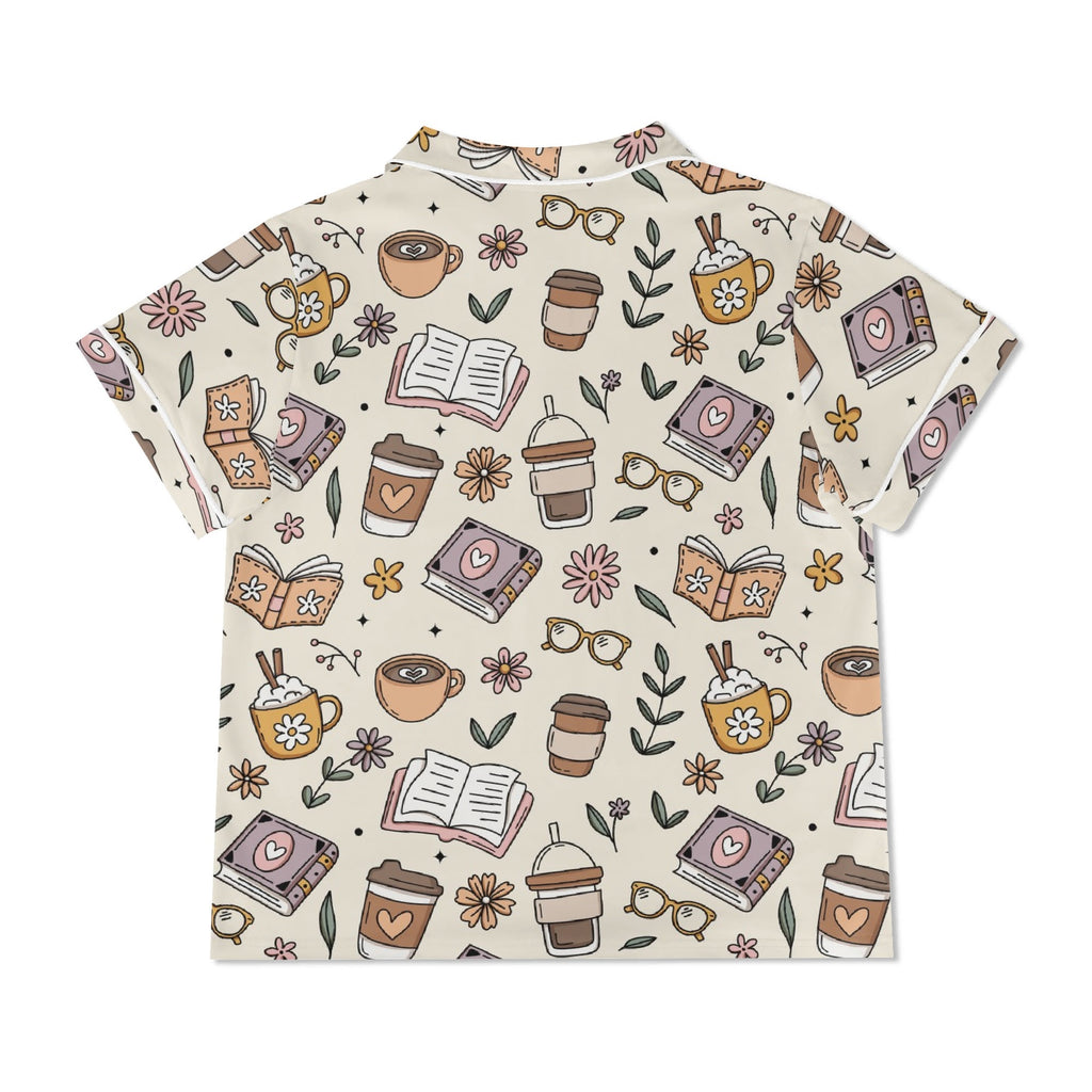 Books And Coffee Womens Short Sleeve 2-Piece Pyjama Set Women's Short Sleeve Pyjamas Coffee Printed Offshore Reading