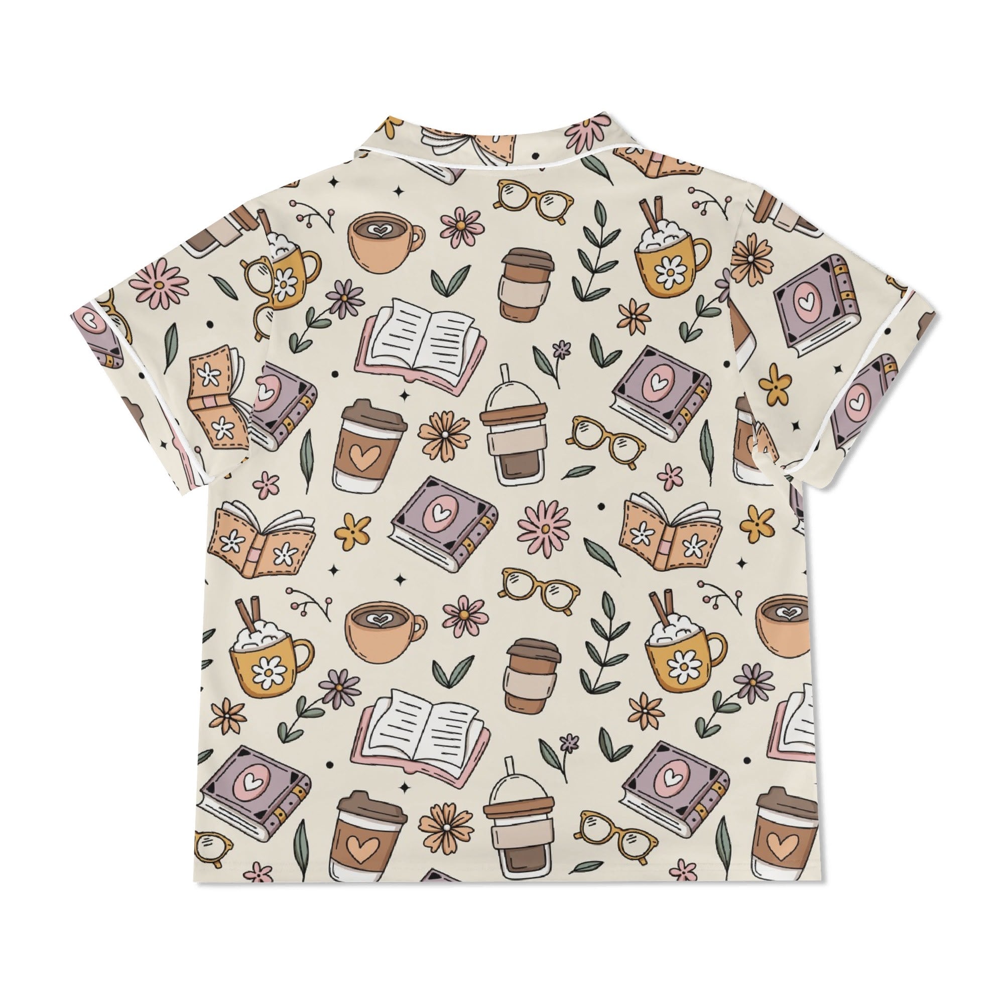 Books And Coffee Womens Short Sleeve 2-Piece Pyjama Set Women's Short Sleeve Pyjamas Coffee Printed Offshore Reading