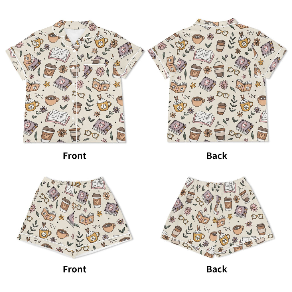 Books And Coffee Womens Short Sleeve 2-Piece Pyjama Set Women's Short Sleeve Pyjamas Coffee Printed Offshore Reading