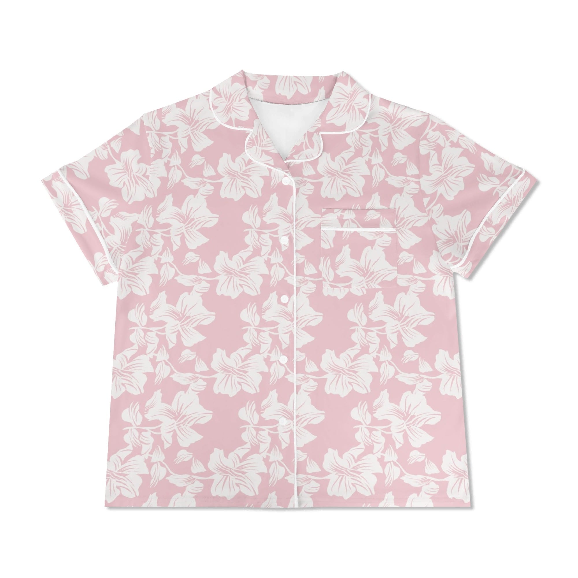 Pink Hawaiian Floral Womens Short Sleeve 2-Piece Pyjama Set Women's Short Sleeve Pyjamas Plants Printed Offshore