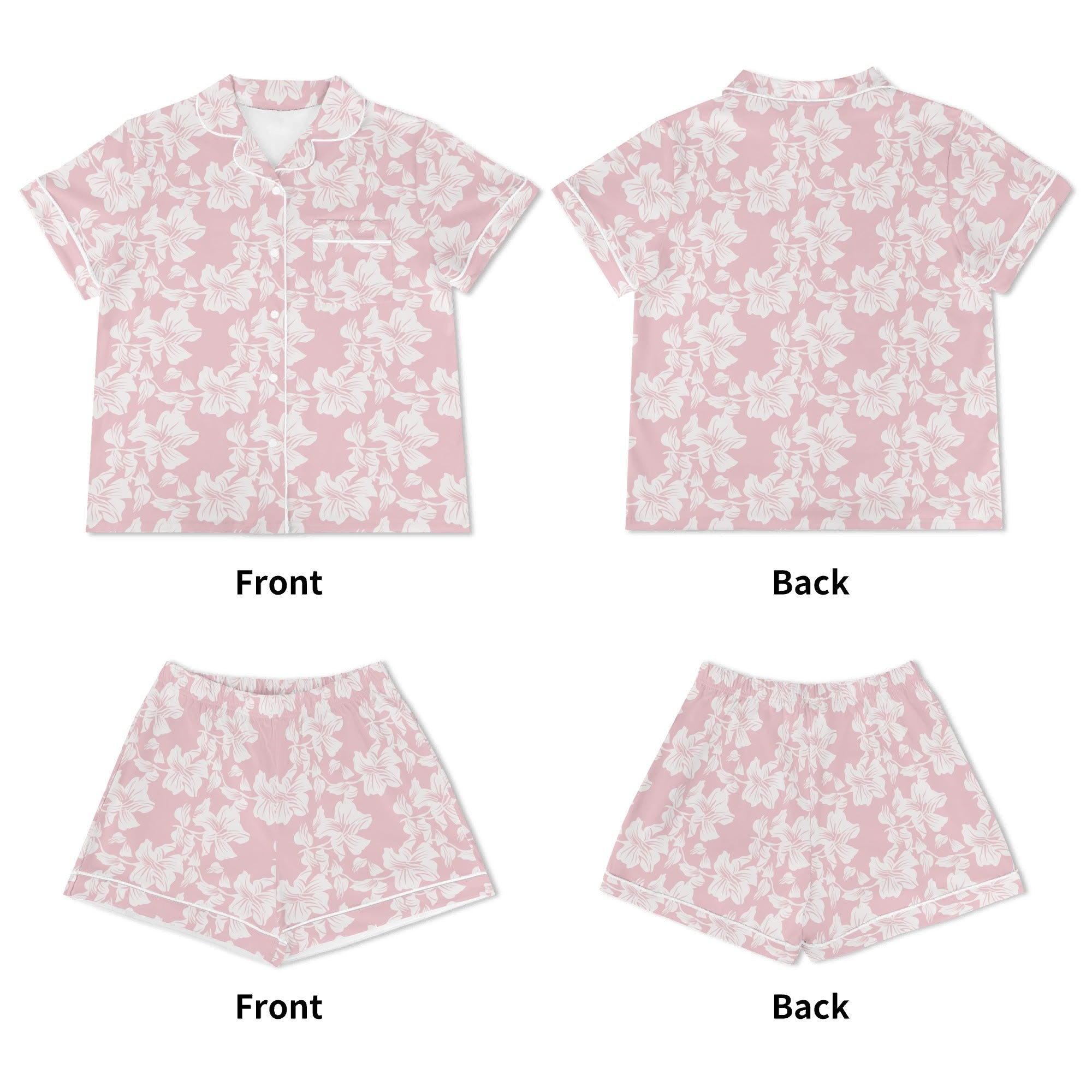 Pink Hawaiian Floral Womens Short Sleeve 2-Piece Pyjama Set Women's Short Sleeve Pyjamas Plants Printed Offshore