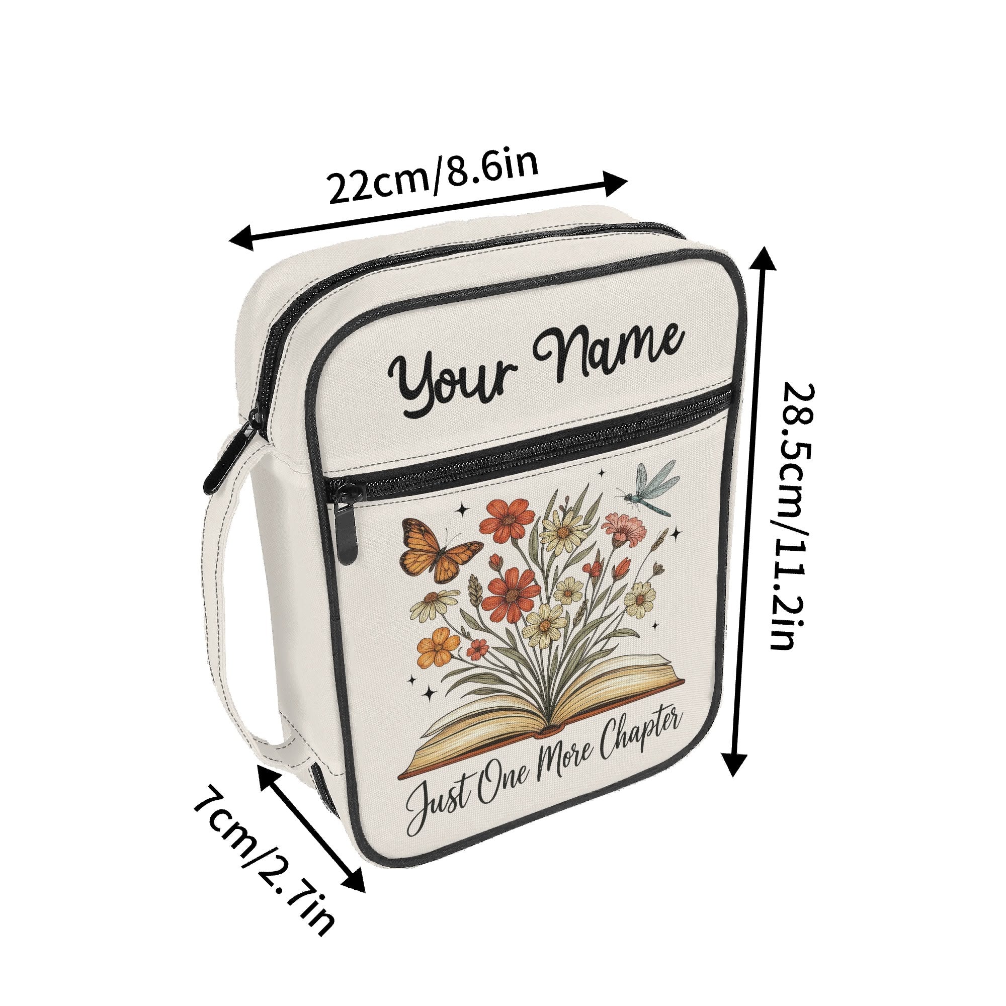 Just One More Chapter Book With Flowers Personalised Book Bag / Cover With Zippered Pocket Personalised Book Bag / Cover Printed Offshore
