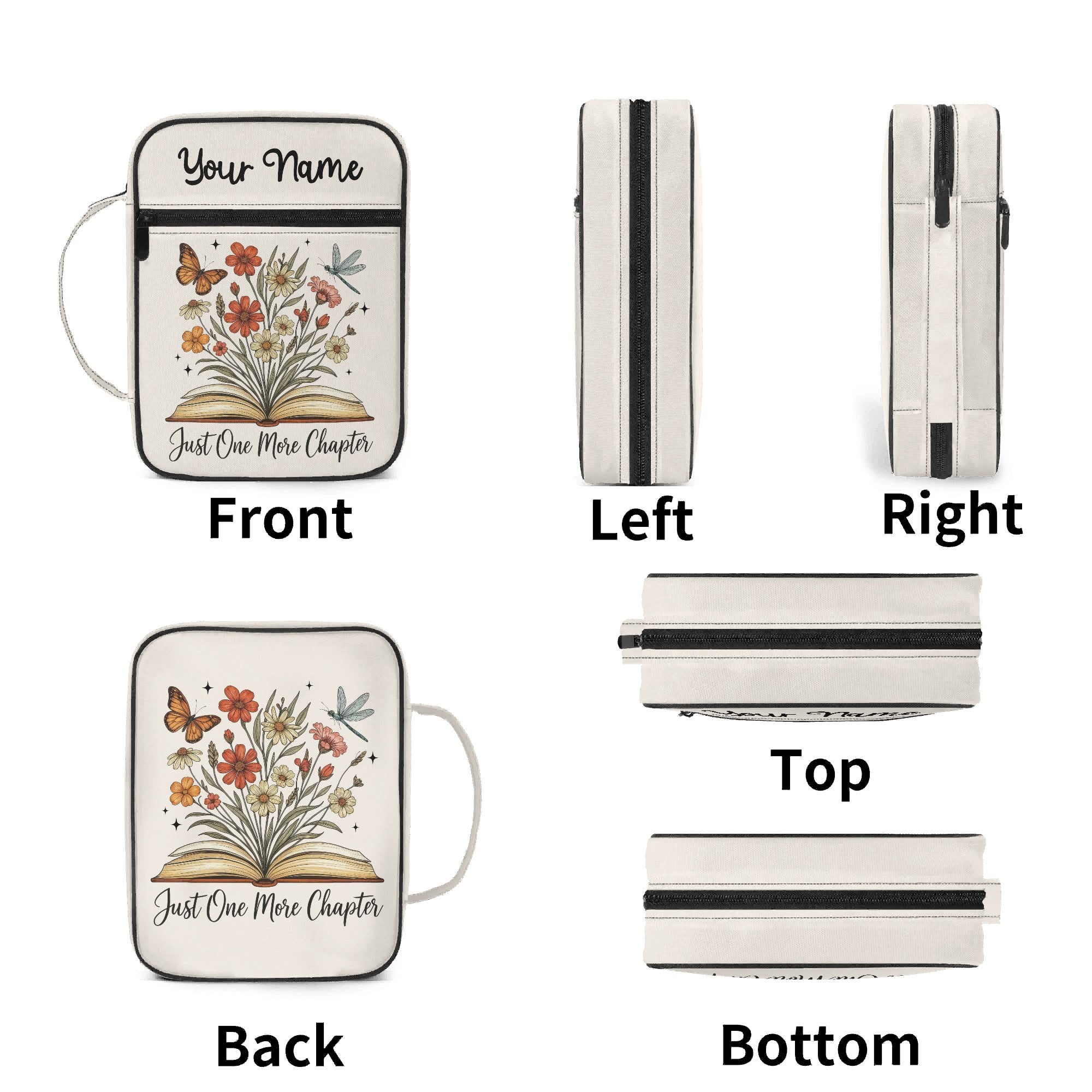 Just One More Chapter Book With Flowers Personalised Book Bag / Cover With Zippered Pocket Personalised Book Bag / Cover Printed Offshore