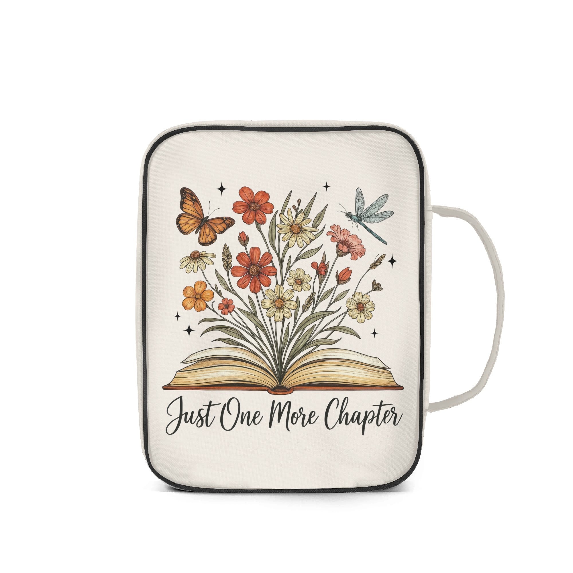 Just One More Chapter Book With Flowers - Personalised Book Bag / Cover With Zippered Pocket Personalised Book Bag / Cover Printed Offshore