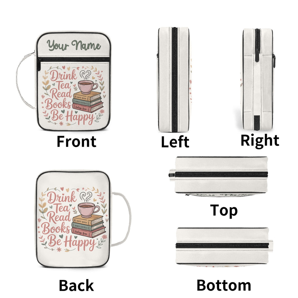 Drink Tea, Read Books, Be Happy Personalised Book Bag / Cover With Zippered Pocket Personalised Book Bag / Cover Printed Offshore