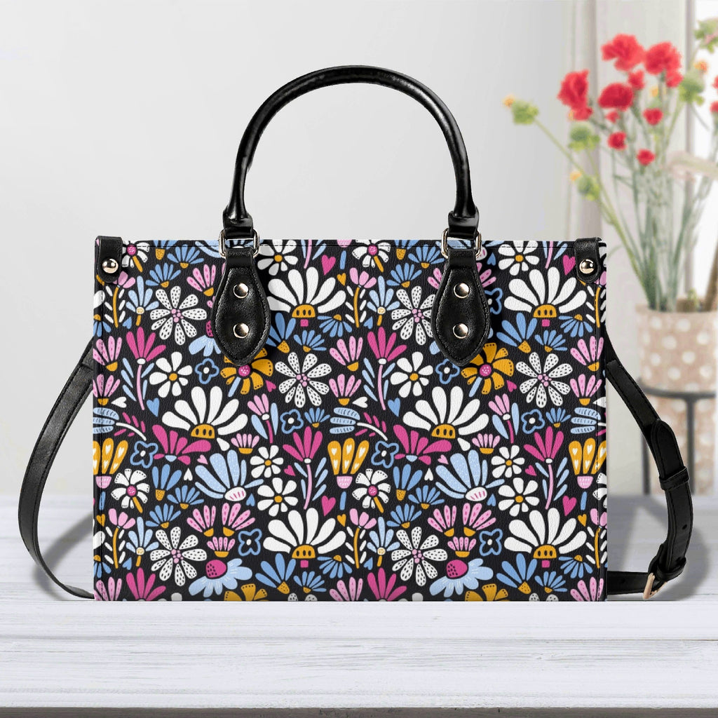 Graphic Flowers On Black Luxury PU Leather Handbag L Luxury PU Leather Handbag Plants Printed Offshore
