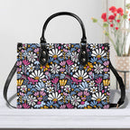 Graphic Flowers On Black Luxury PU Leather Handbag L Luxury PU Leather Handbag Plants Printed Offshore