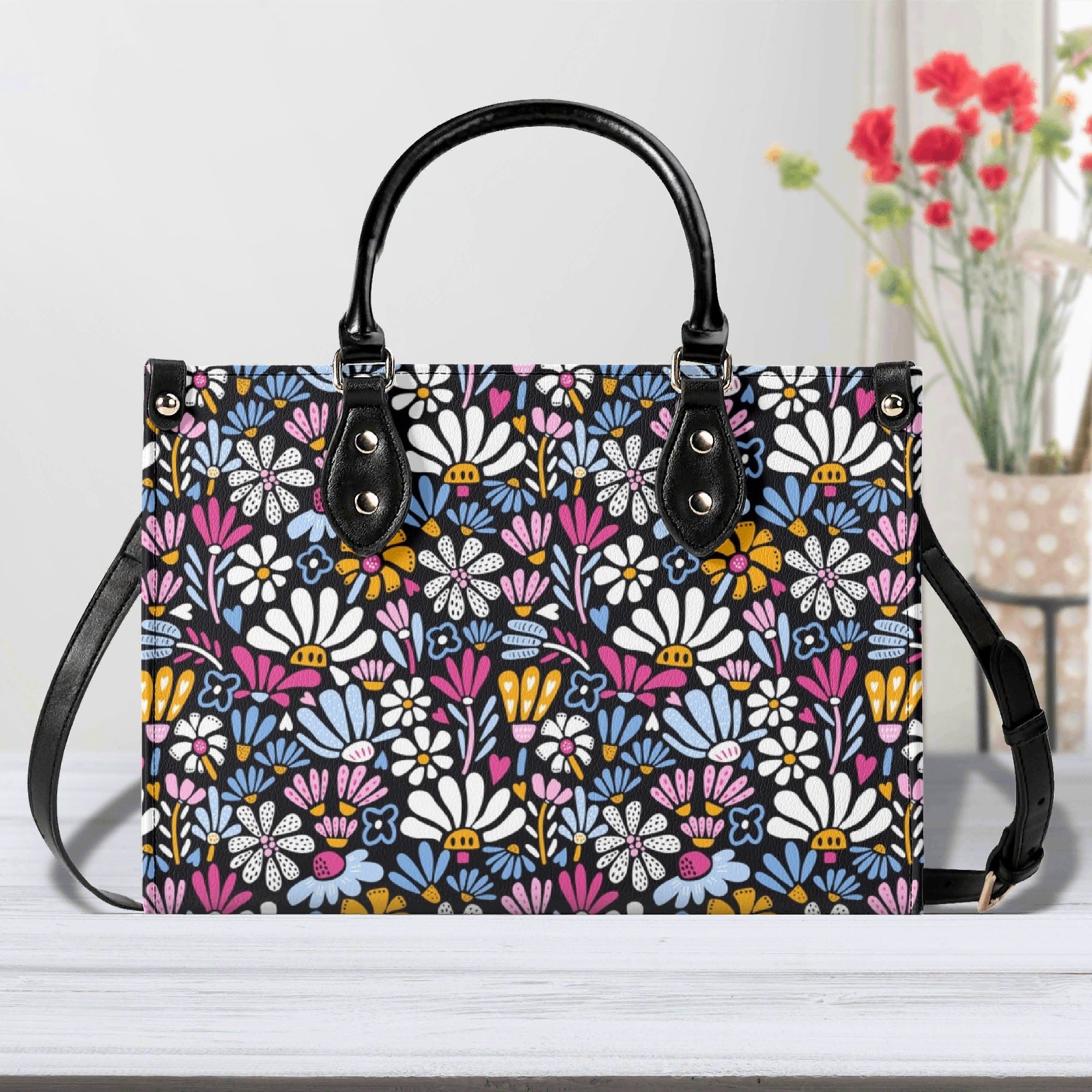 Graphic Flowers On Black Luxury PU Leather Handbag L Luxury PU Leather Handbag Plants Printed Offshore