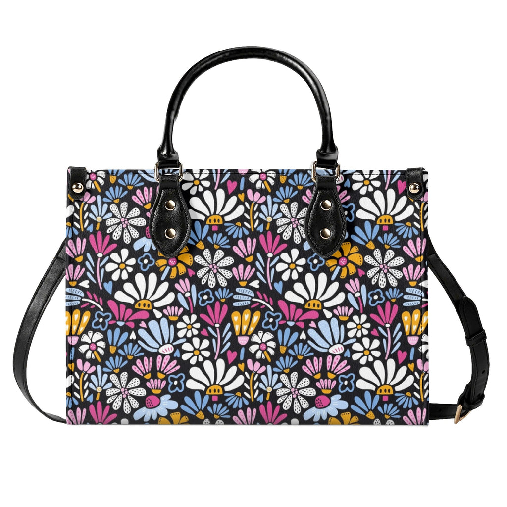 Graphic Flowers On Black Luxury PU Leather Handbag Luxury PU Leather Handbag Plants Printed Offshore
