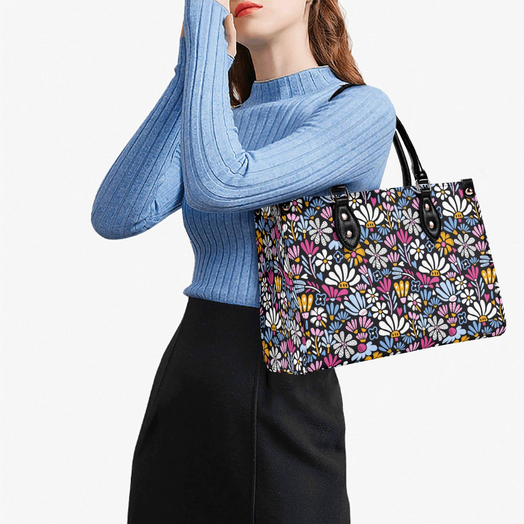 Graphic Flowers On Black Luxury PU Leather Handbag Luxury PU Leather Handbag Plants Printed Offshore