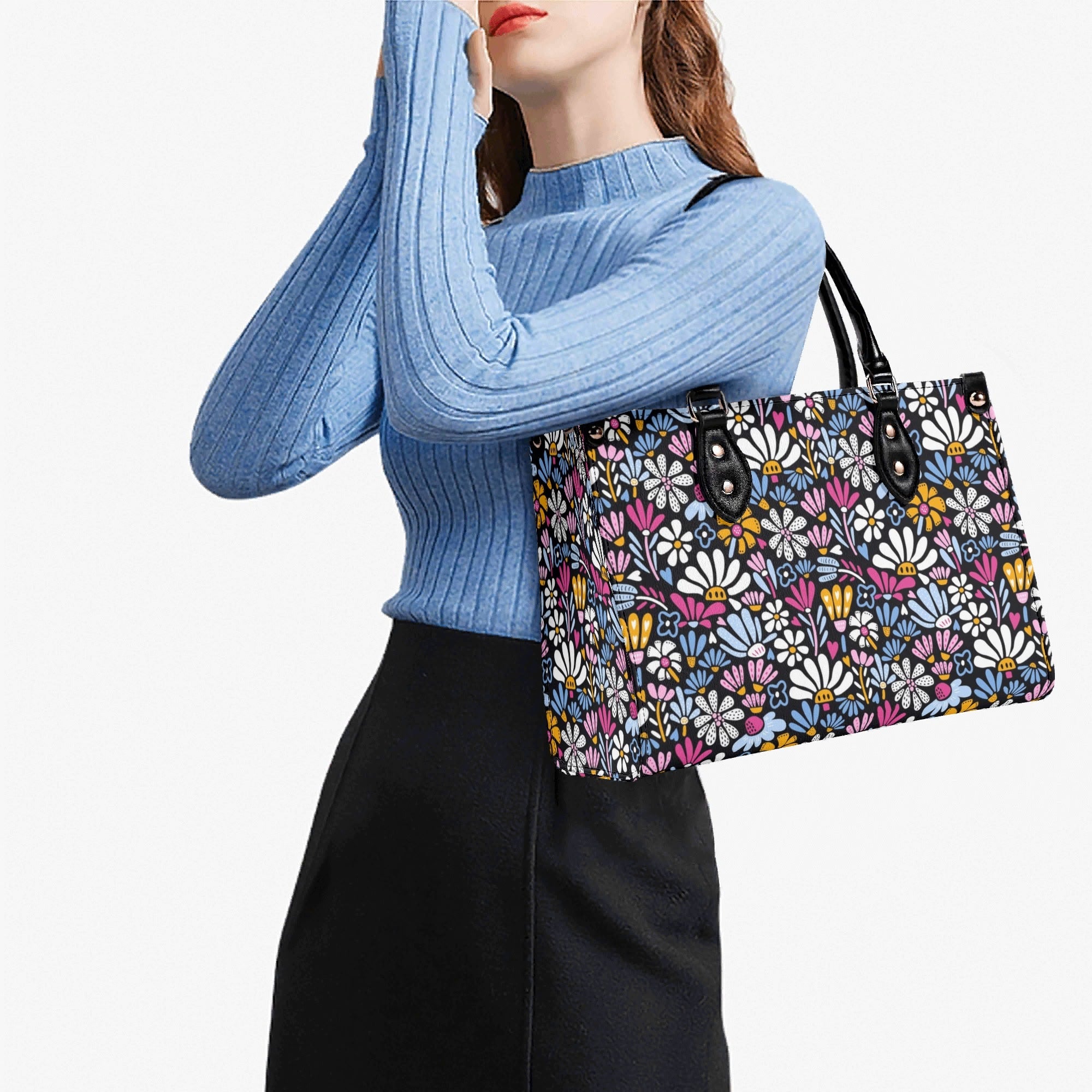 Graphic Flowers On Black Luxury PU Leather Handbag Luxury PU Leather Handbag Plants Printed Offshore