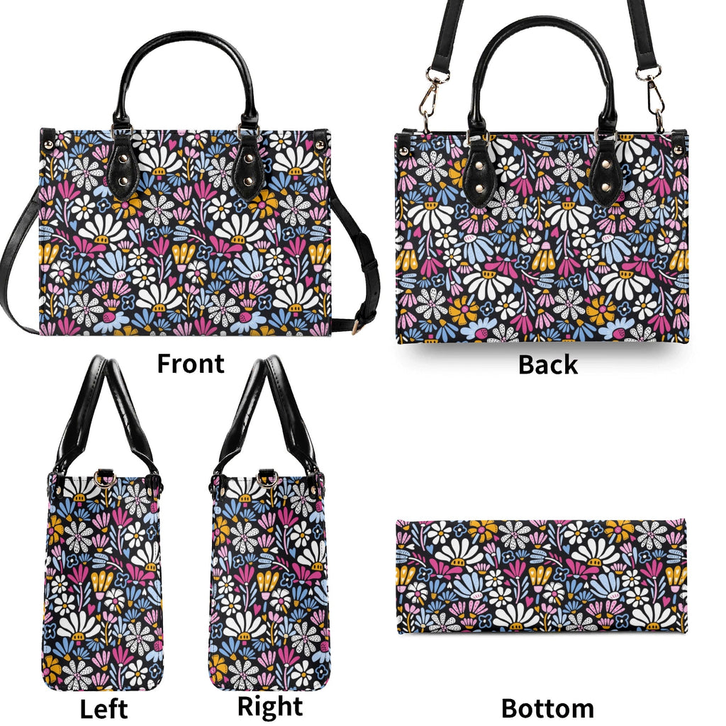 Graphic Flowers On Black Luxury PU Leather Handbag Luxury PU Leather Handbag Plants Printed Offshore