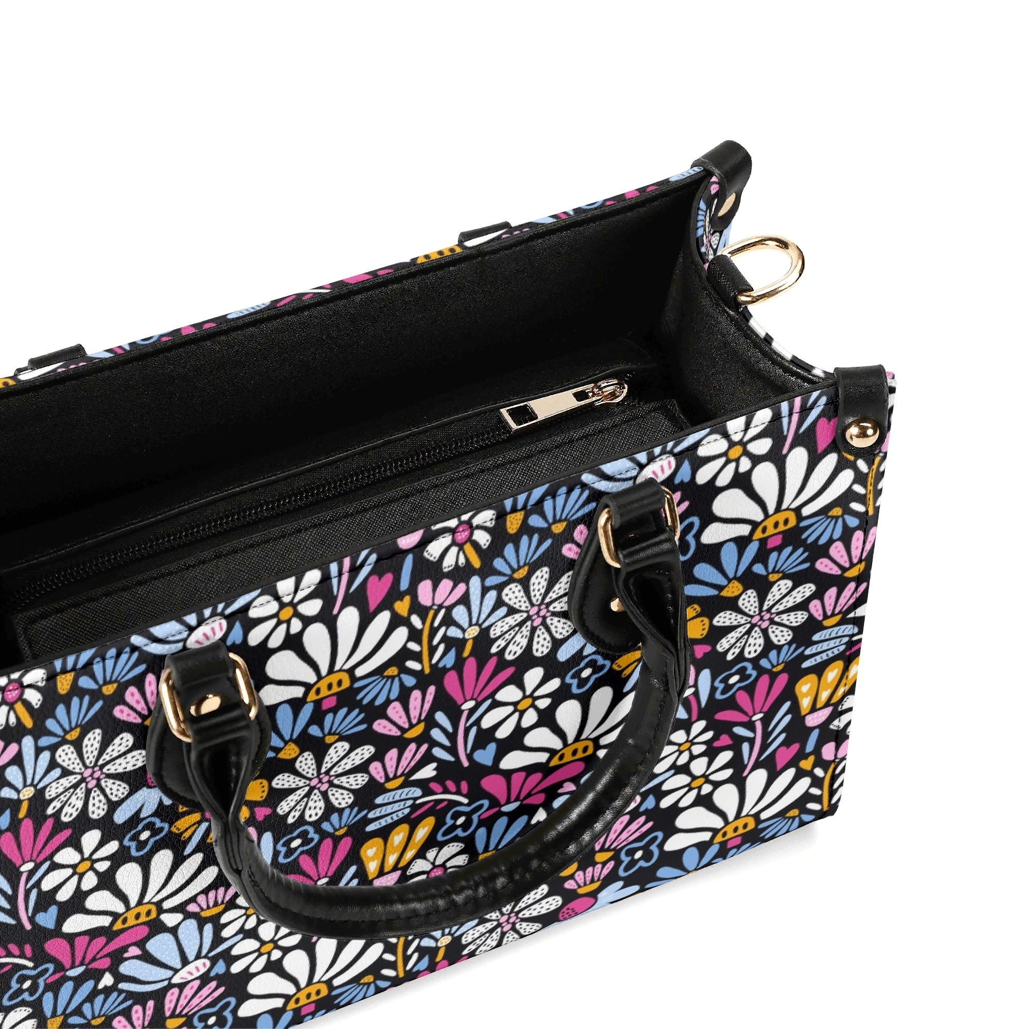 Graphic Flowers On Black Luxury PU Leather Handbag Luxury PU Leather Handbag Plants Printed Offshore