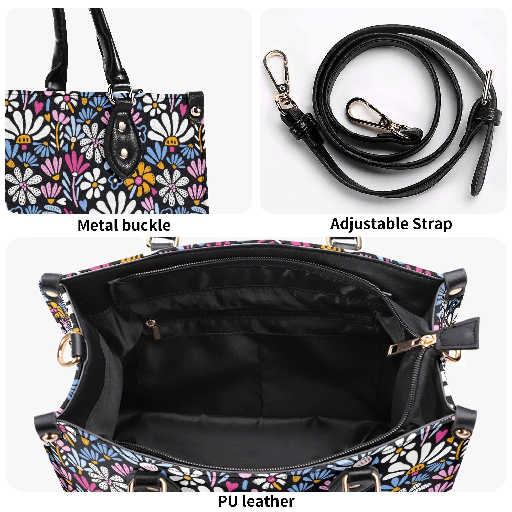 Graphic Flowers On Black Luxury PU Leather Handbag Luxury PU Leather Handbag Plants Printed Offshore