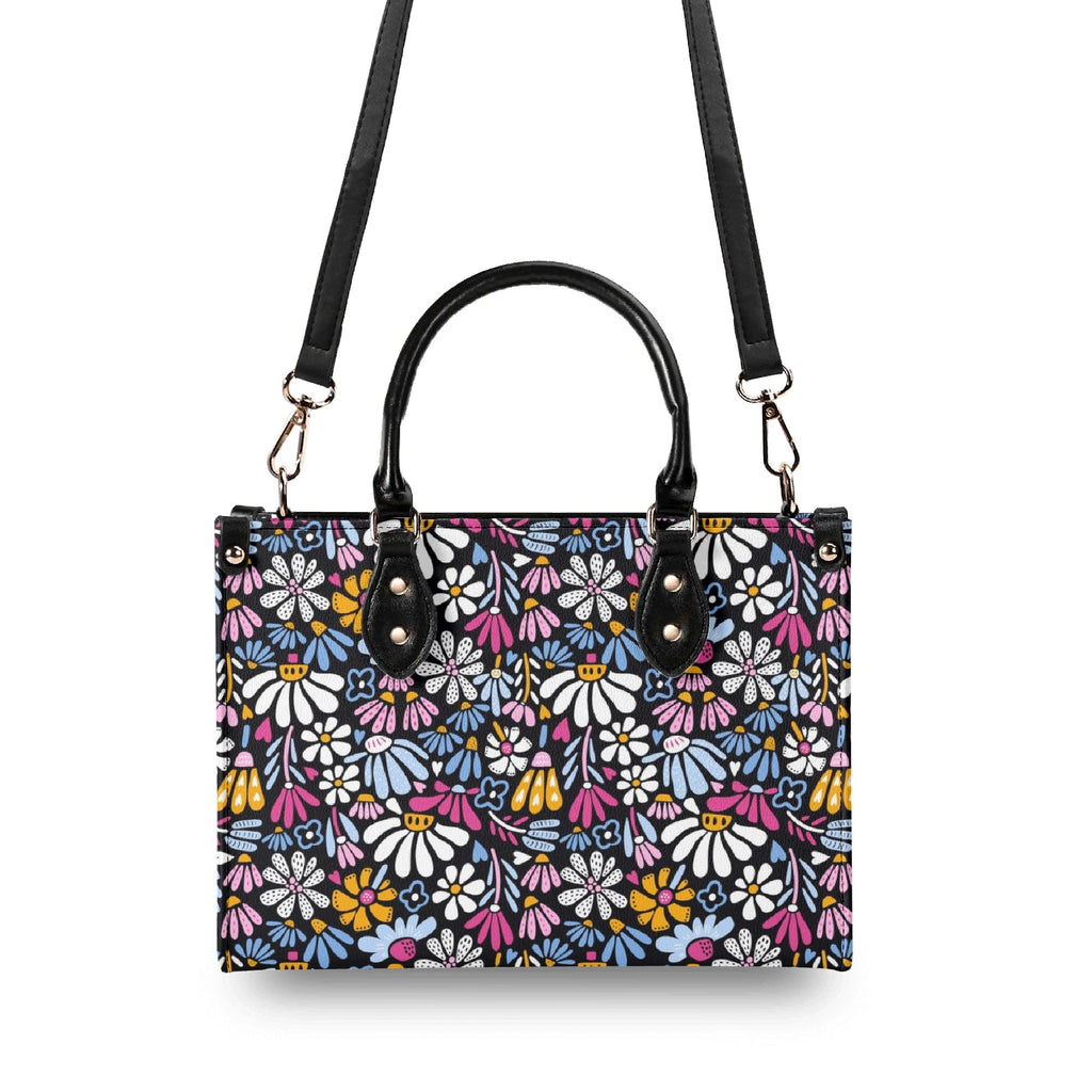 Graphic Flowers On Black Luxury PU Leather Handbag Luxury PU Leather Handbag Plants Printed Offshore