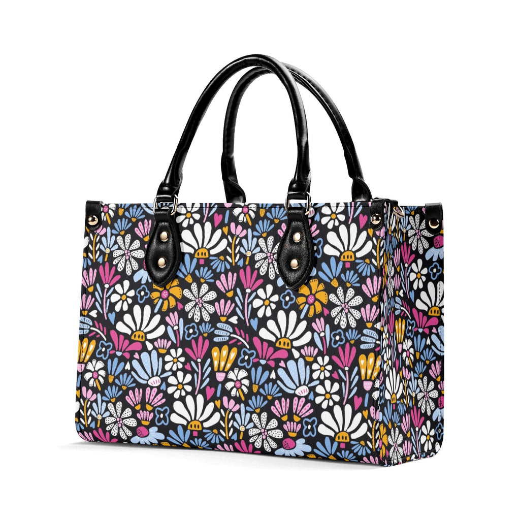Graphic Flowers On Black Luxury PU Leather Handbag Luxury PU Leather Handbag Plants Printed Offshore