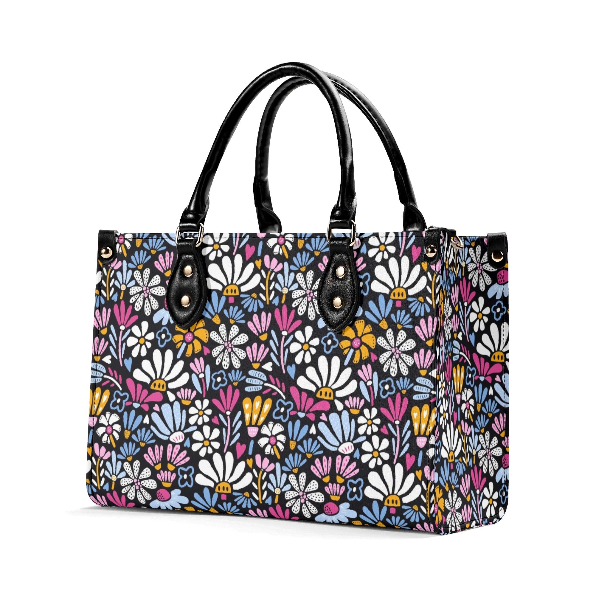 Graphic Flowers On Black Luxury PU Leather Handbag Luxury PU Leather Handbag Plants Printed Offshore