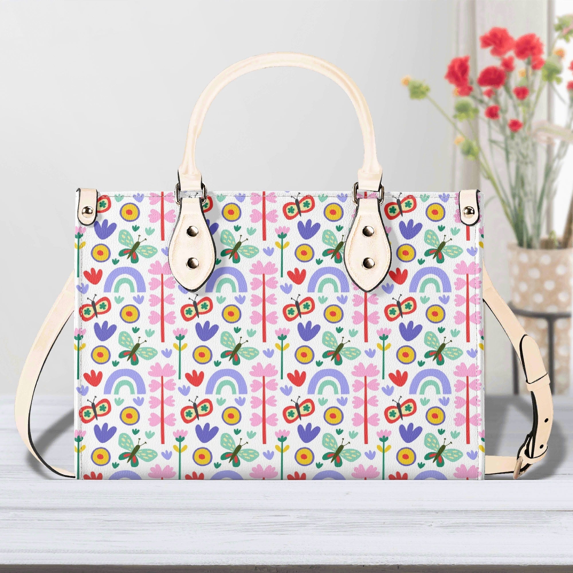Rainbows And Butterflies Luxury PU Leather Handbag Beige Luxury PU Leather Handbag Printed Offshore