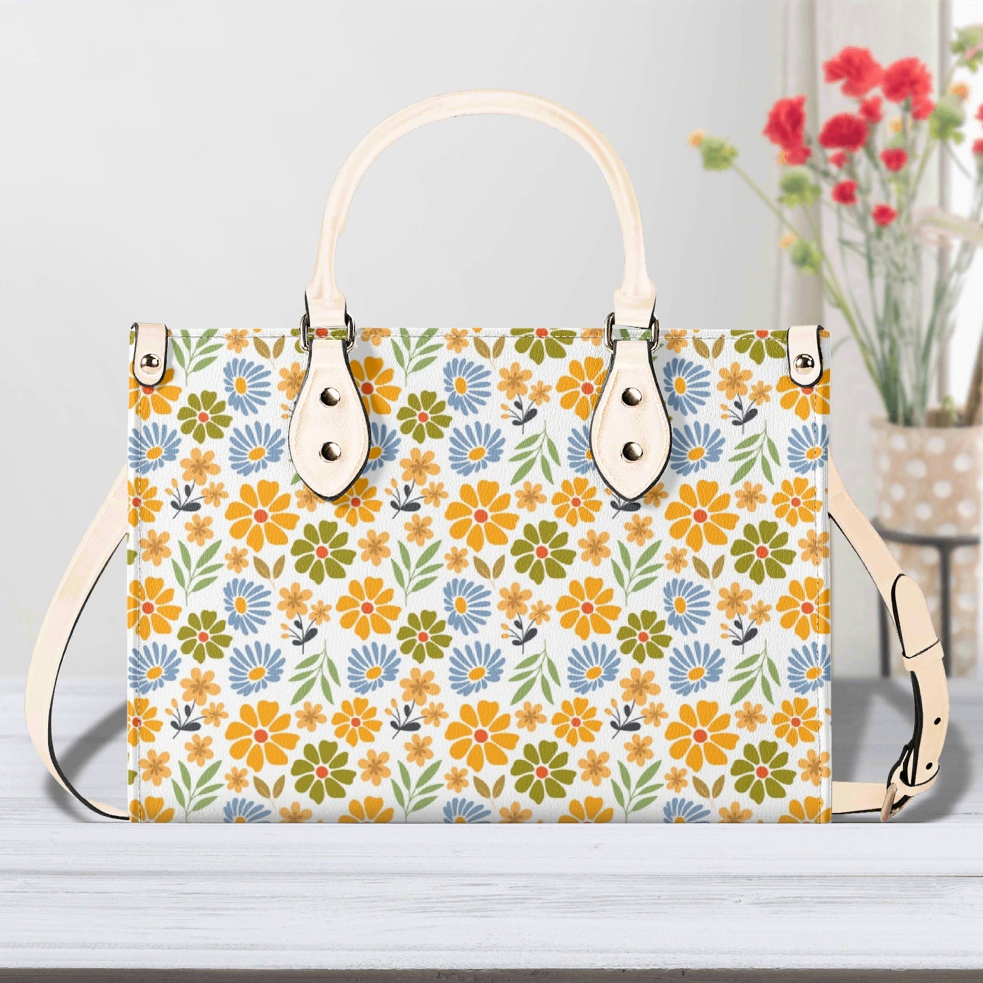 Retro boho Flowers Luxury PU Leather Handbag Beige Luxury PU Leather Handbag Plants Printed Offshore Retro