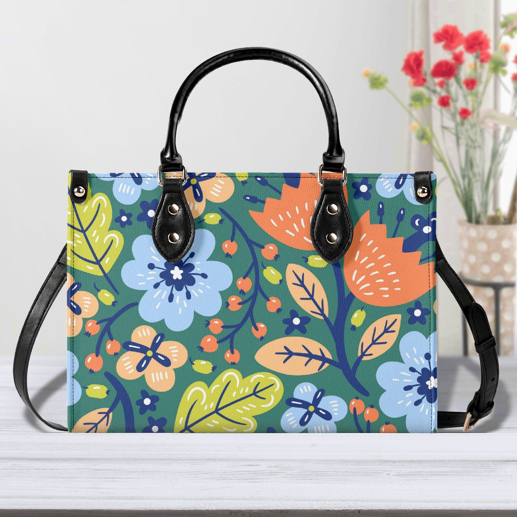 Bright Boho Flowers Luxury PU Leather Handbag Black Luxury PU Leather Handbag Plants Printed Offshore