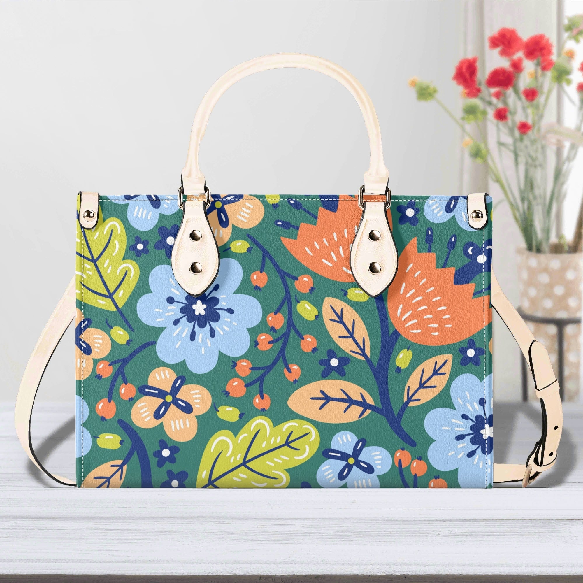 Bright Boho Flowers Luxury PU Leather Handbag Beige Luxury PU Leather Handbag Plants Printed Offshore