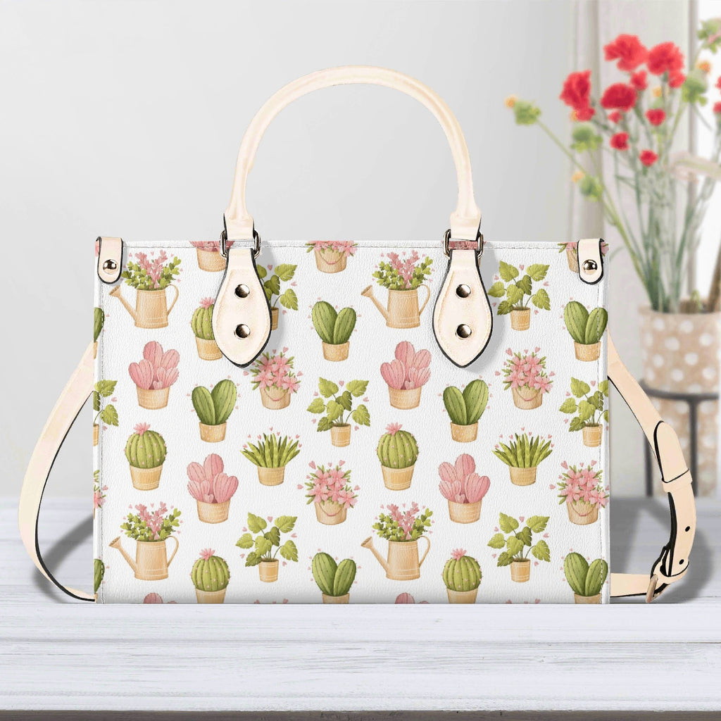 Cactus Pots And Flowers Luxury PU Leather Handbag Beige Luxury PU Leather Handbag Plants Printed Offshore