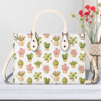 Cactus Pots And Flowers Luxury PU Leather Handbag Beige Luxury PU Leather Handbag Plants Printed Offshore