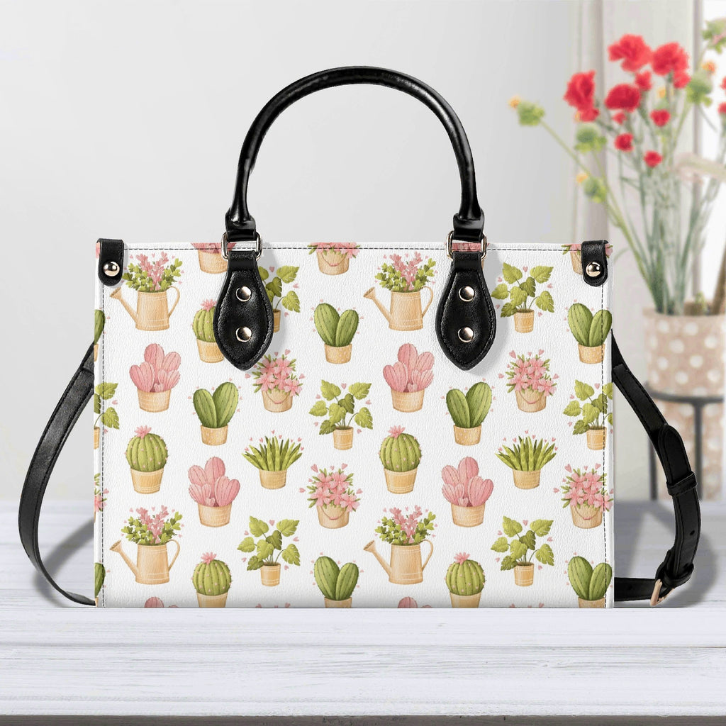 Cactus Pots And Flowers Luxury PU Leather Handbag Black Luxury PU Leather Handbag Plants Printed Offshore