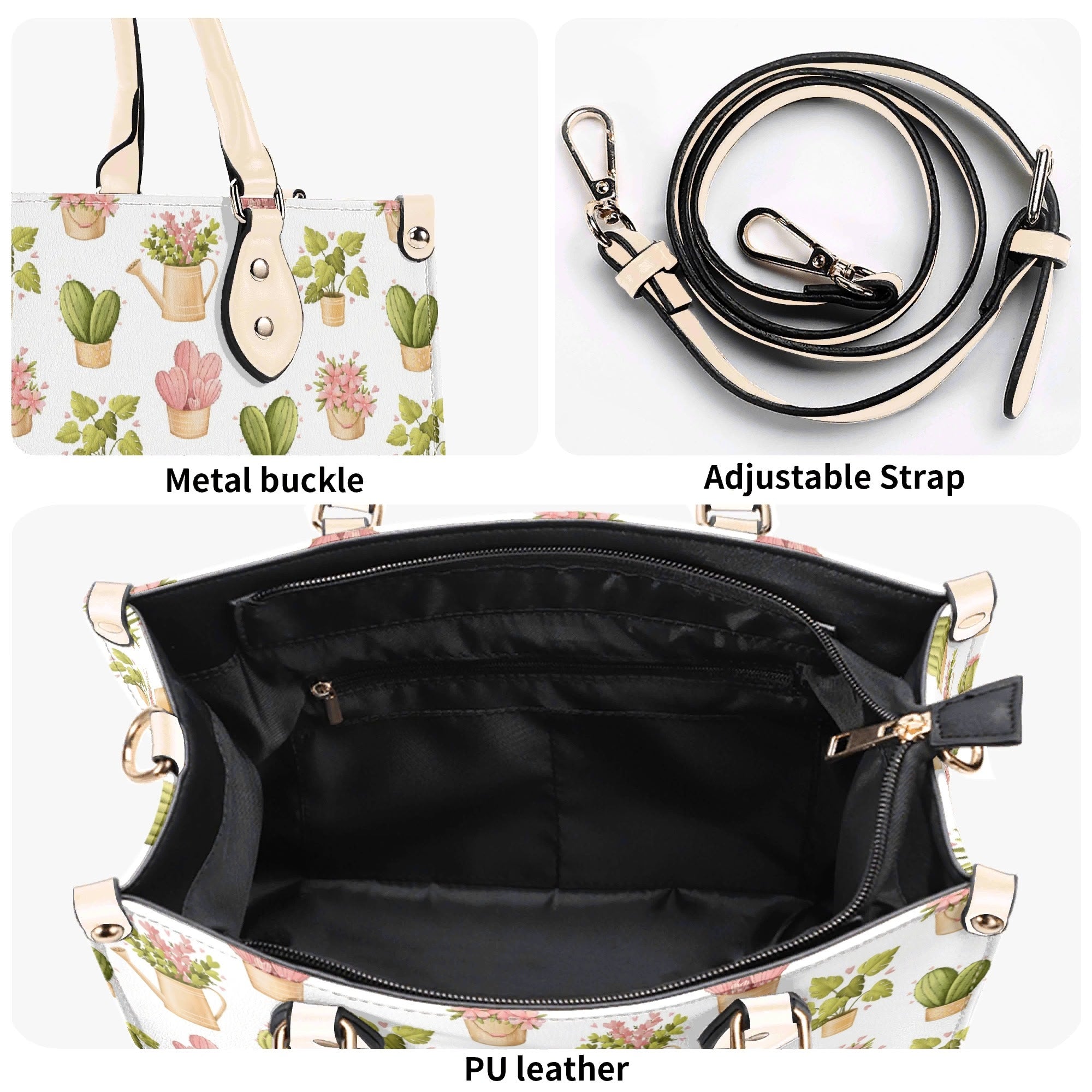 Cactus Pots And Flowers Luxury PU Leather Handbag Luxury PU Leather Handbag Plants Printed Offshore