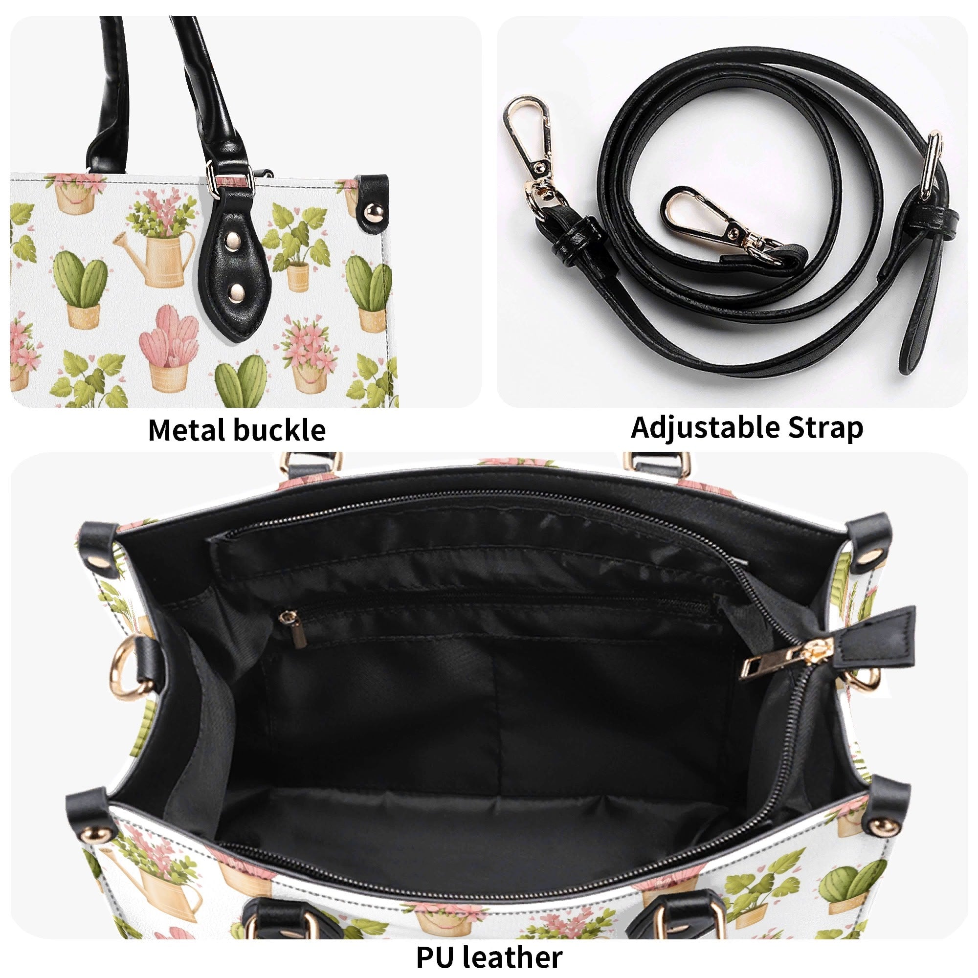 Cactus Pots And Flowers Luxury PU Leather Handbag Luxury PU Leather Handbag Plants Printed Offshore