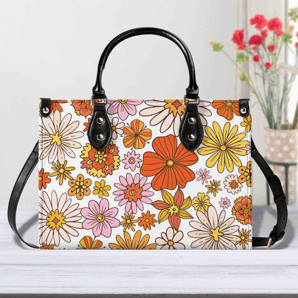 Orange Retro Floral Luxury PU Leather Handbag Black Luxury PU Leather Handbag Plants Printed Offshore Retro
