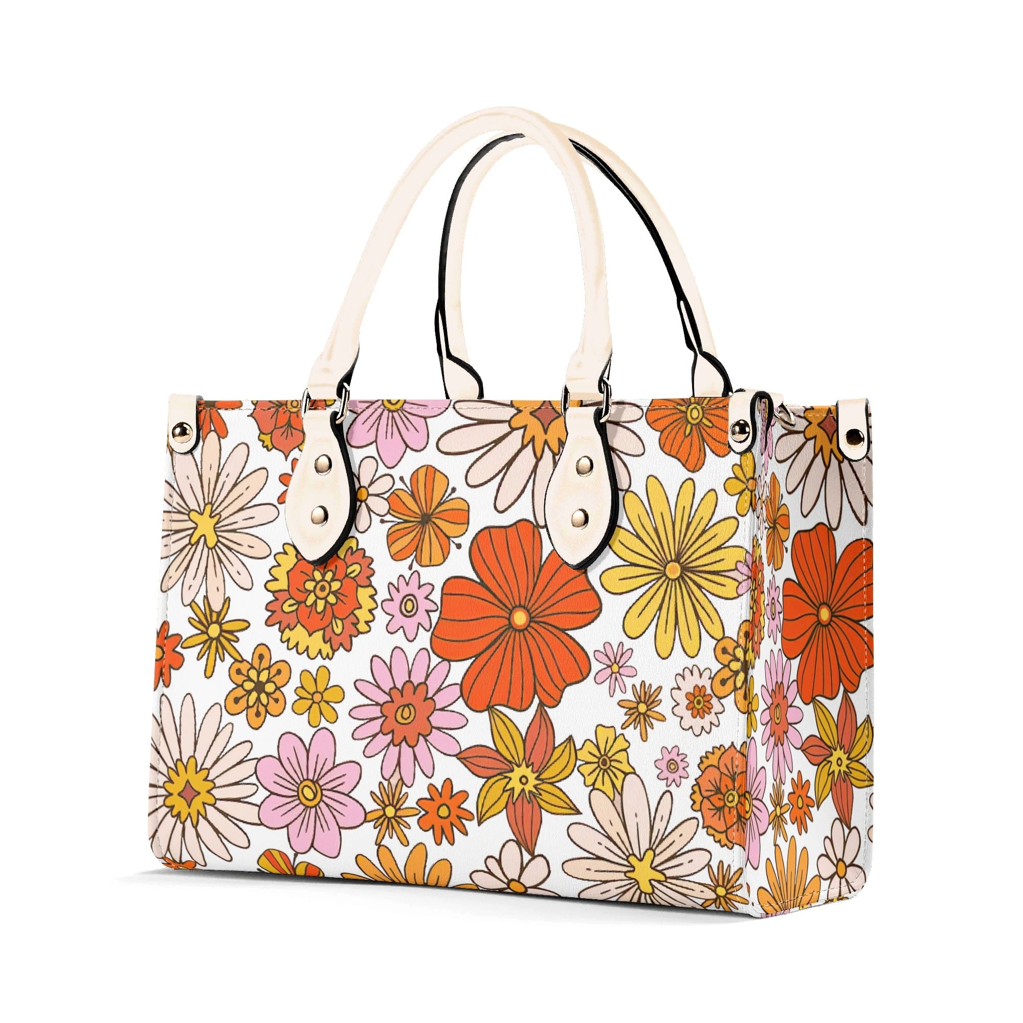 Orange Retro Floral Luxury PU Leather Handbag Luxury PU Leather Handbag Plants Printed Offshore Retro