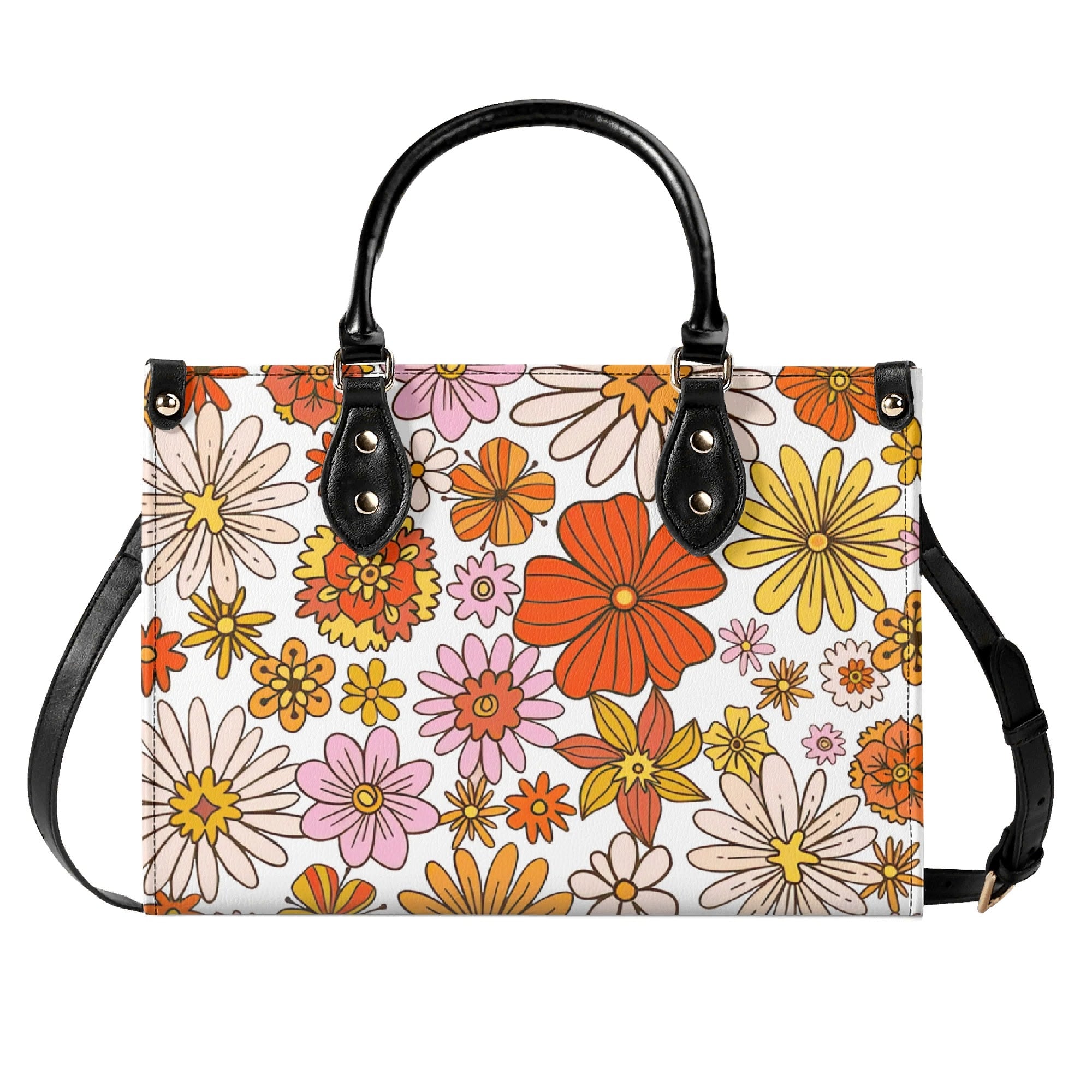 Orange Retro Floral Luxury PU Leather Handbag Luxury PU Leather Handbag Plants Printed Offshore Retro