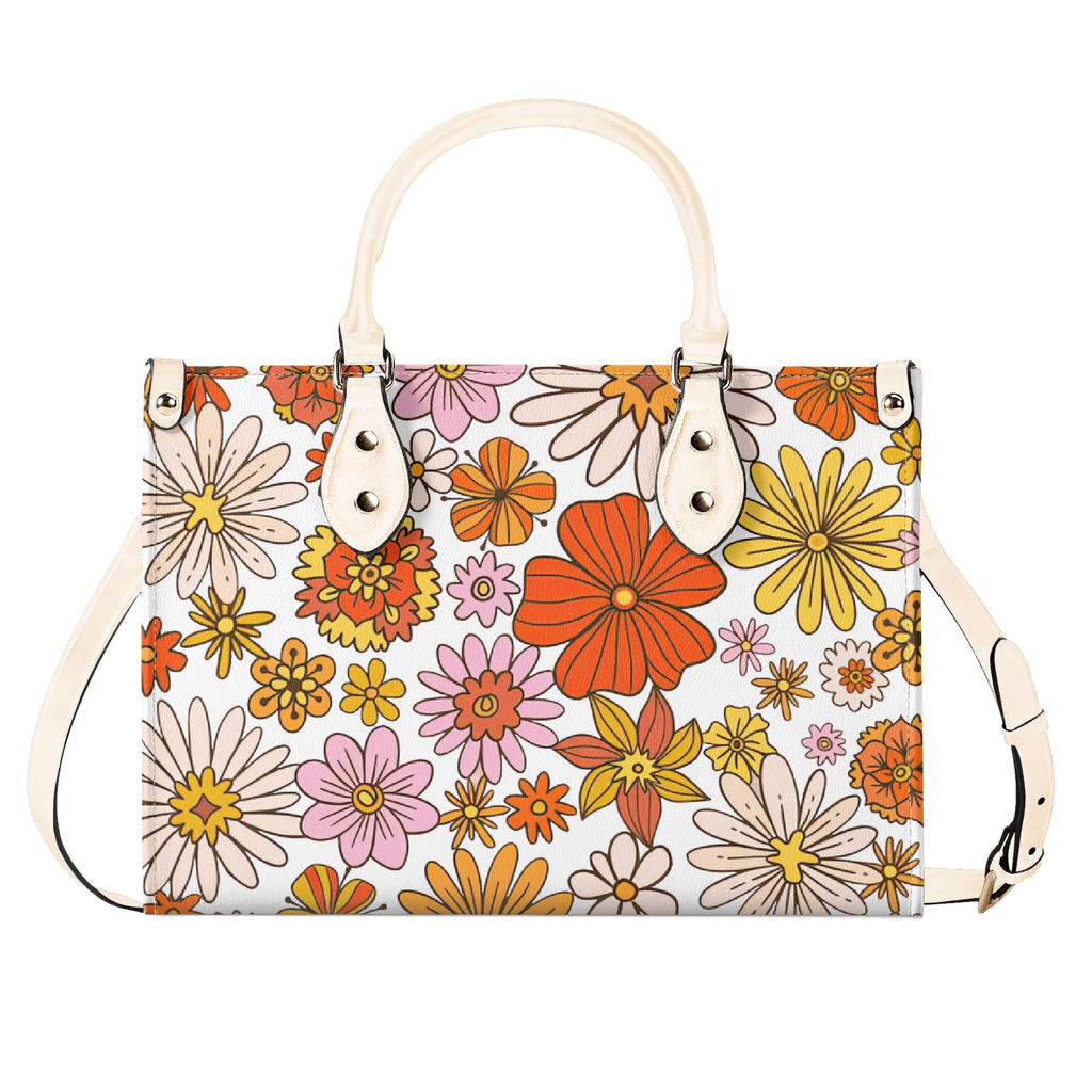 Orange Retro Floral Luxury PU Leather Handbag Luxury PU Leather Handbag Plants Printed Offshore Retro