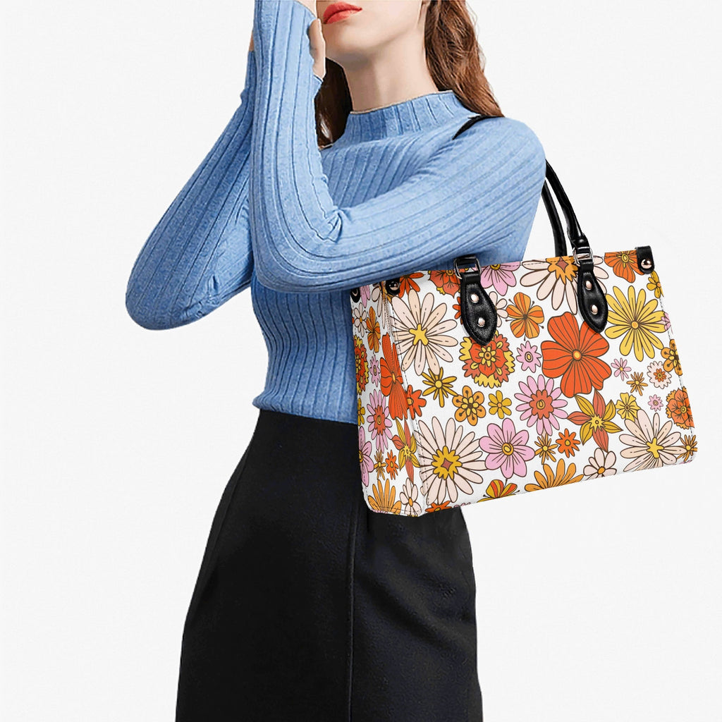 Orange Retro Floral Luxury PU Leather Handbag Luxury PU Leather Handbag Plants Printed Offshore Retro