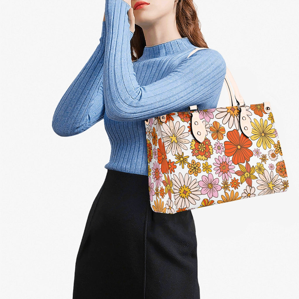 Orange Retro Floral Luxury PU Leather Handbag Luxury PU Leather Handbag Plants Printed Offshore Retro