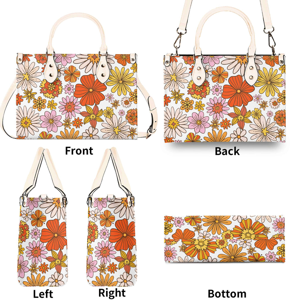 Orange Retro Floral Luxury PU Leather Handbag Luxury PU Leather Handbag Plants Printed Offshore Retro