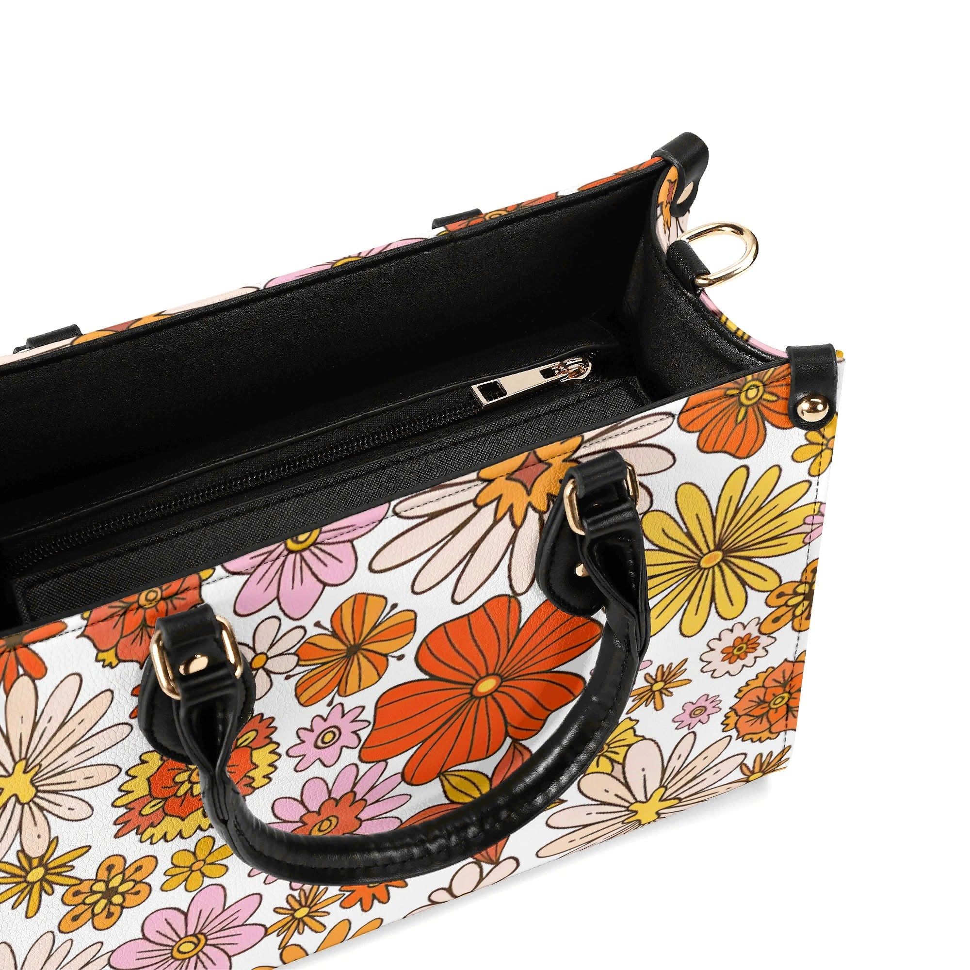 Orange Retro Floral Luxury PU Leather Handbag Luxury PU Leather Handbag Plants Printed Offshore Retro